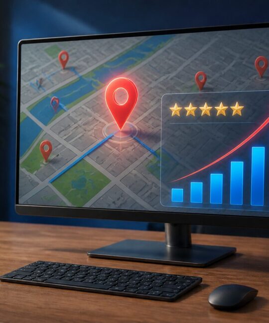 Monitor z mapą miejsc, gwiazdkami ocen i rosnącym wykresem – narzędzia do wizytówek Google